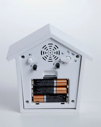 The back of the Early Bird Alarm Clock in White with batteries on a white background. 