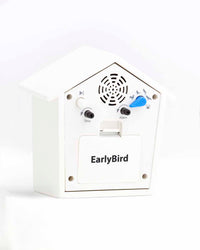 The back of the  Early Bird Alarm Clock in White on a white background. 